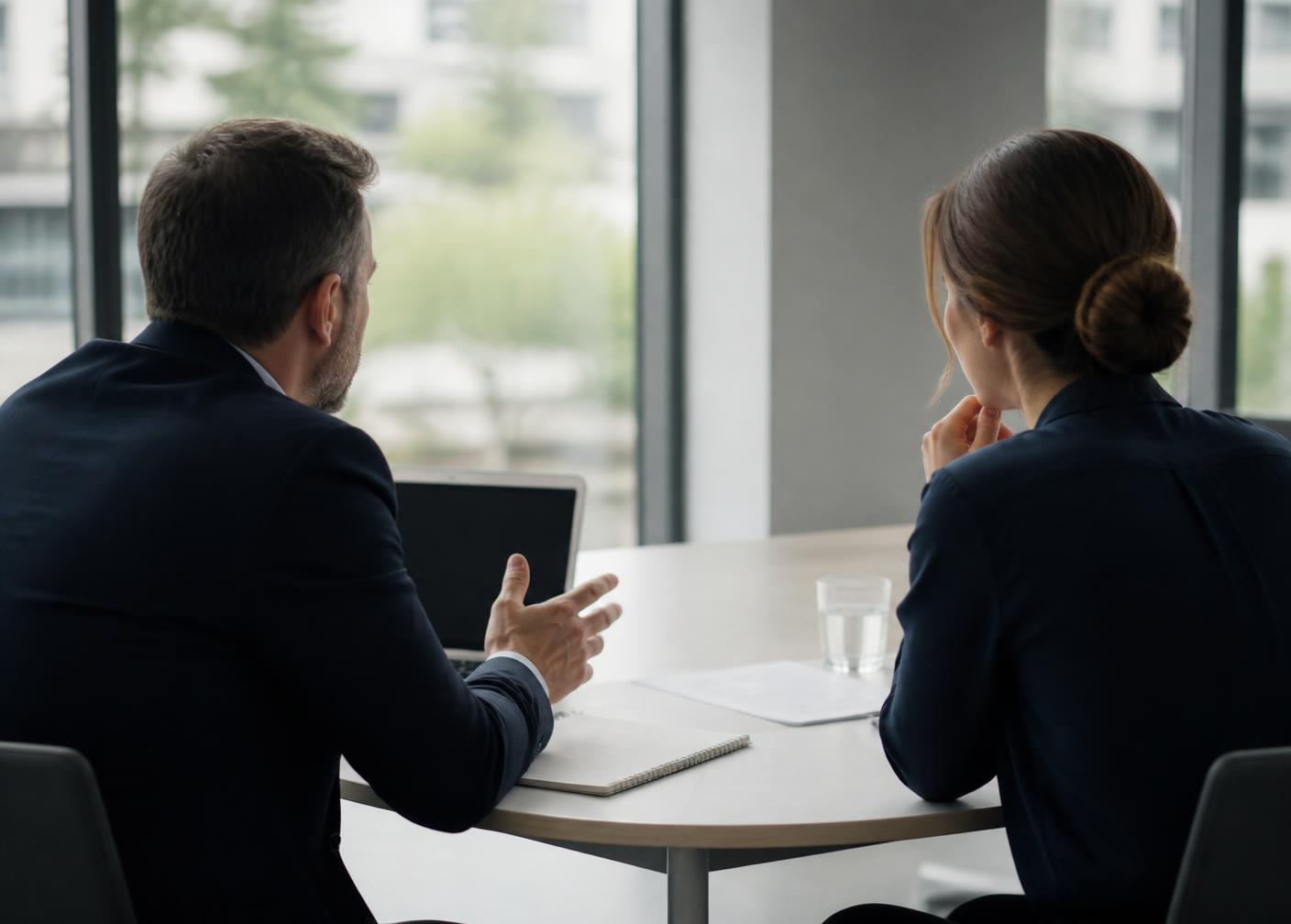 An adviser discussing a UK immigration application with a client across a meeting table